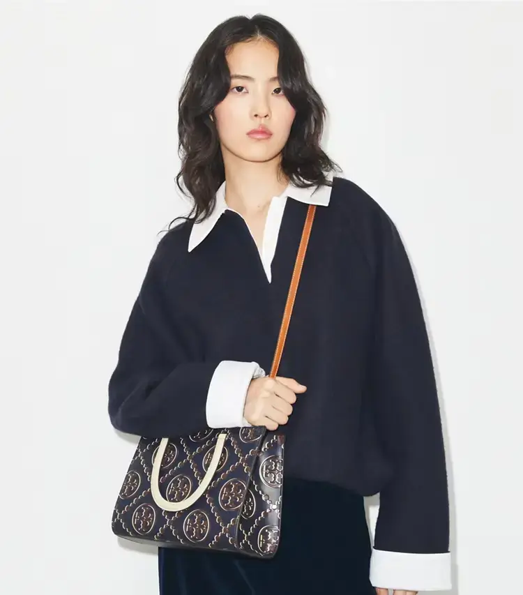 T Monogram Contrast Embossed Top-Handle Tote - Image 2