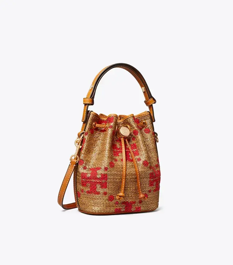 T Monogram Straw Mini Bucket Bag